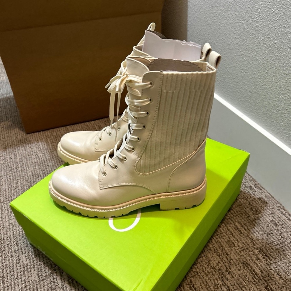 SAM EDELMAN Lydell Knit Leather Cream Beige Lace-Up Women's Combat Boots 9.5